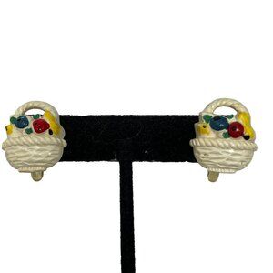 Vintage Screw Back Earrings Fruit Basket Plastic Backs Apples Blueberries‎